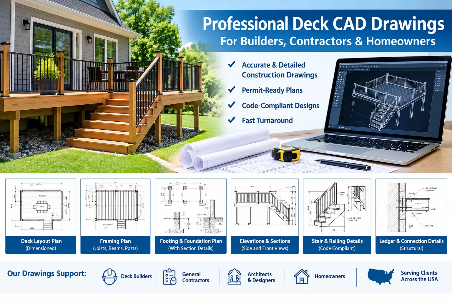 Professional Deck CAD Drawings for builders, contractors and homeowners — deck layout plan, framing plan, footing and foundation plan, elevations and sections, stair and railing details, and ledger and connection details