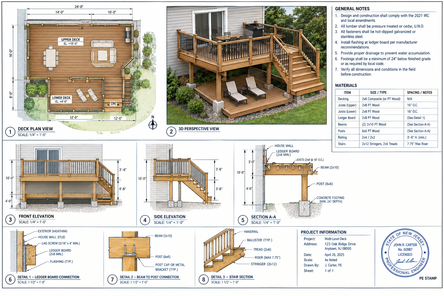 Multi-level deck CAD drawing set — upper and lower deck plan view, 3D perspective, front and side elevations, section A-A, ledger board, beam-to-post and stair connection details, general notes and material schedule