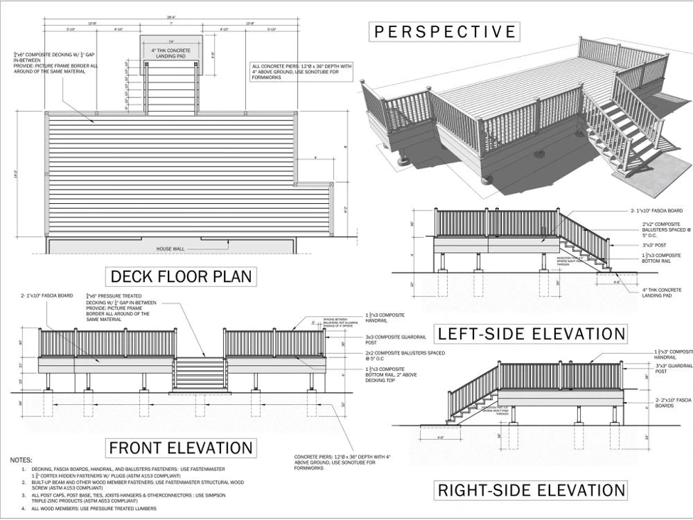Deck CAD drawing showing floor plan, front, side elevations and 3D perspective