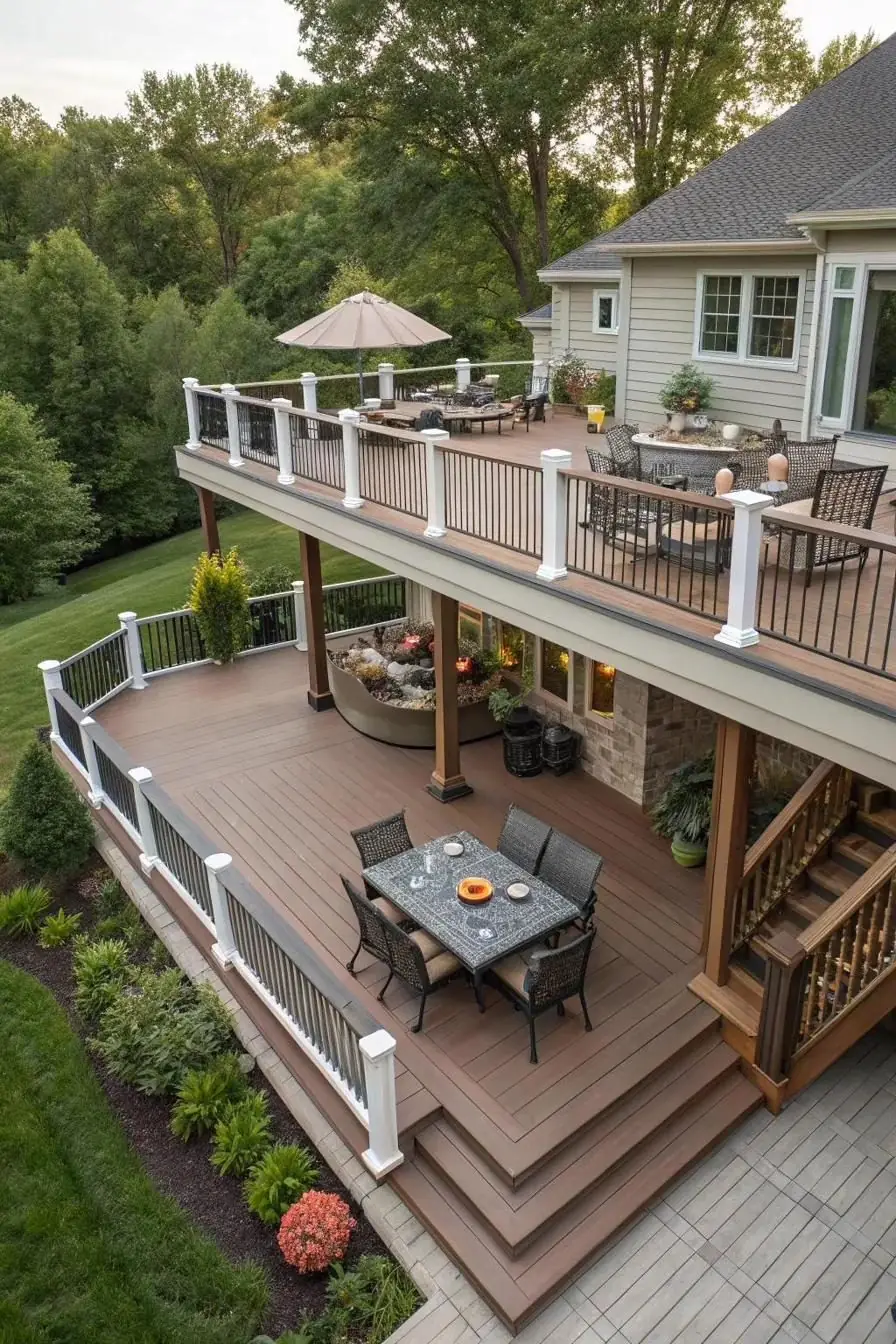 Two-level engineered backyard deck with white railings