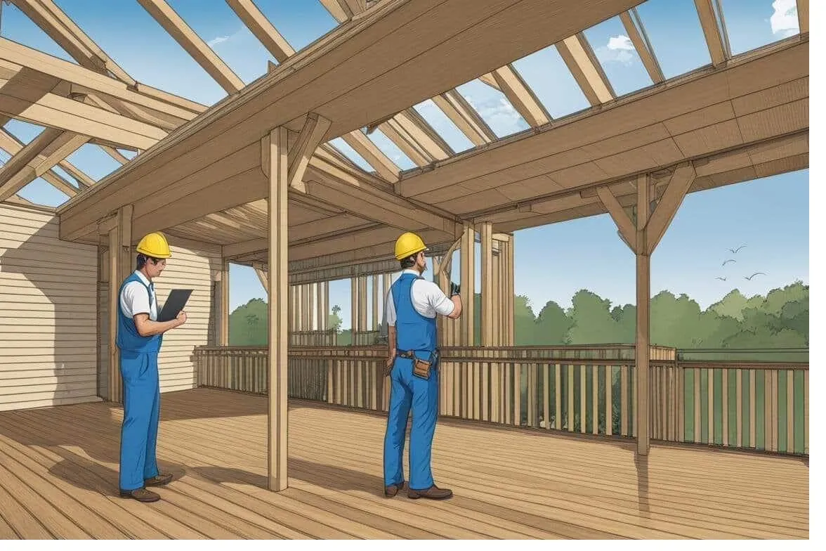 Engineer and builder reviewing a covered deck structure