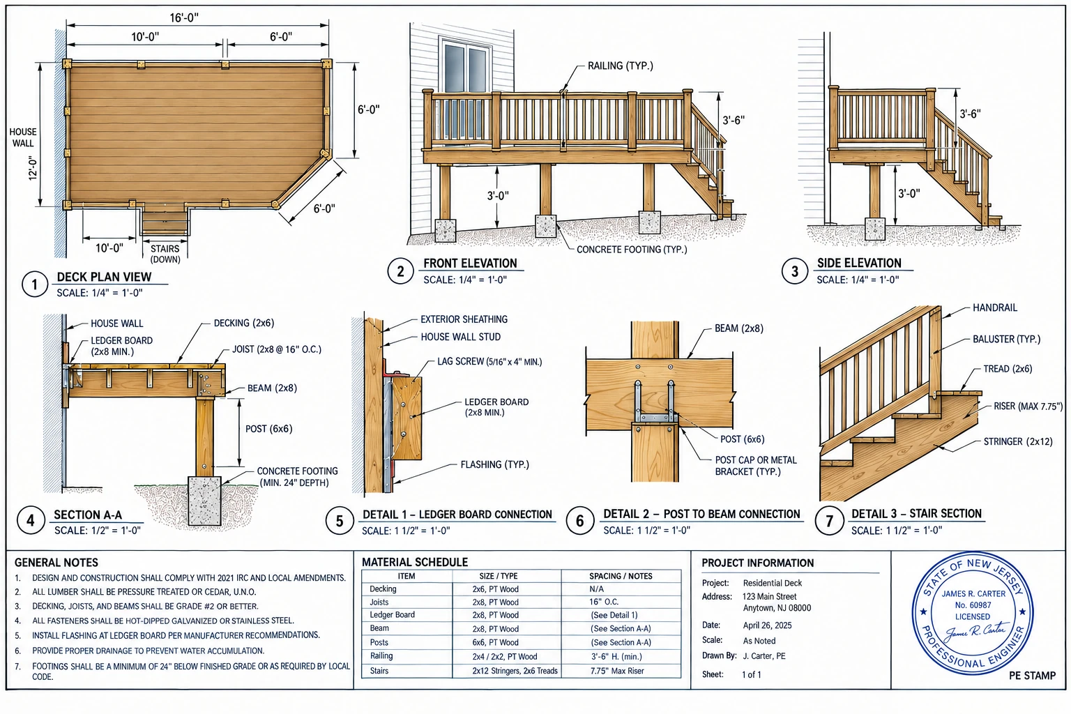 Sample PE-stamped deck CAD drawing set — deck plan view, front and side elevations, section A-A, ledger board and post-to-beam connection details, stair section, general notes and material schedule