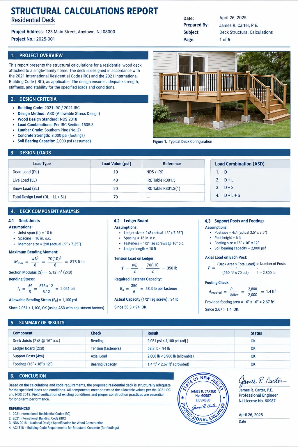 Sample PE-stamped deck structural calculations report — project overview, design criteria, design loads, deck component analysis, summary of results and engineer certification