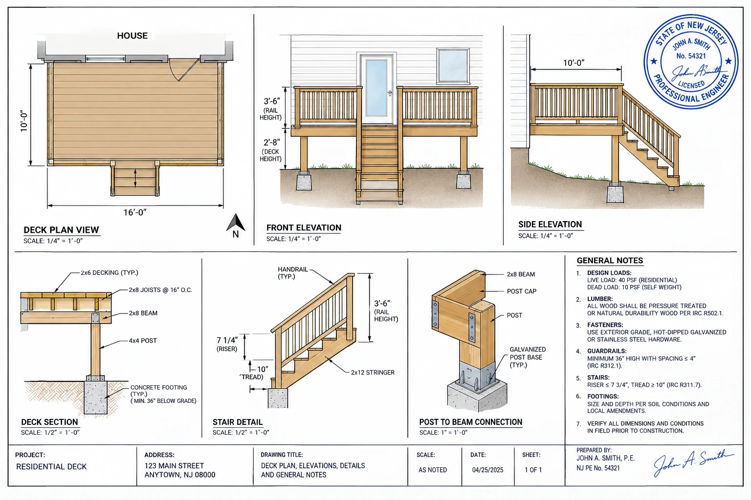 PE-stamped deck permit drawing set — plan view, elevations, sections, structural details and general notes